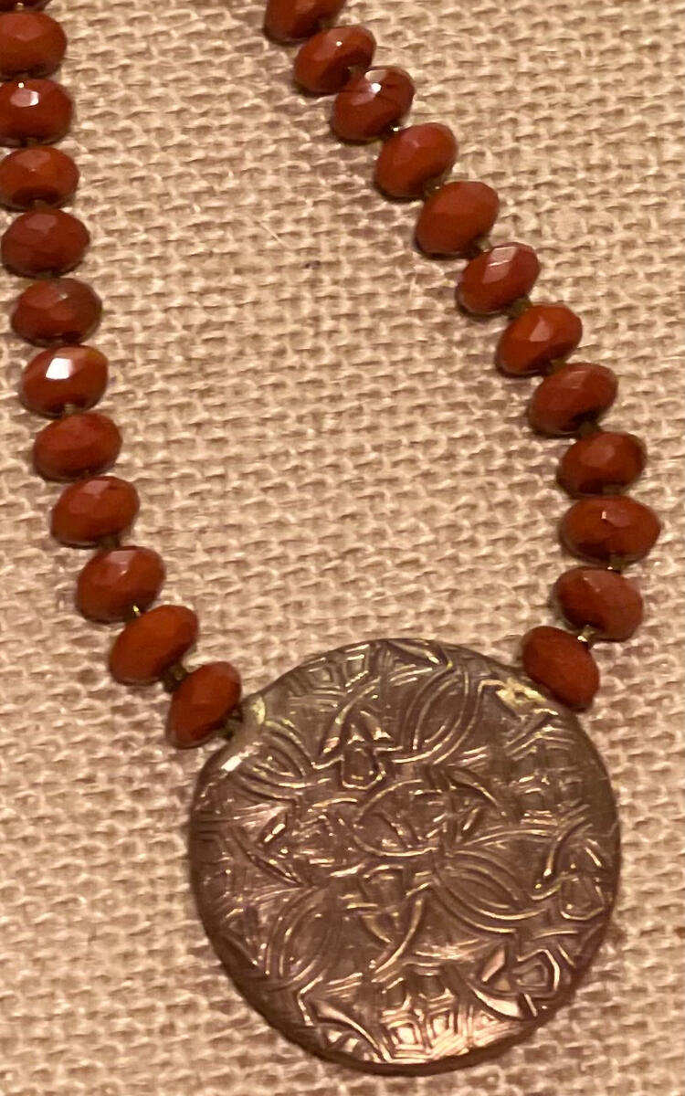 Faceted Red Jasper Beads strung with Curated Celtic Pendant in Copper